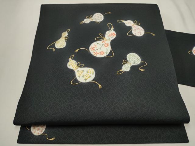 平和屋着物●九寸名古屋帯 作家物 瓢箪花文 黒地 金彩 正絹 逸品 CAAT0920hy