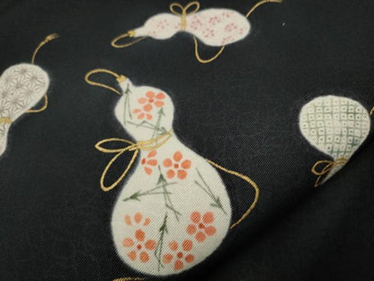 平和屋着物●九寸名古屋帯 作家物 瓢箪花文 黒地 金彩 正絹 逸品 CAAT0920hy