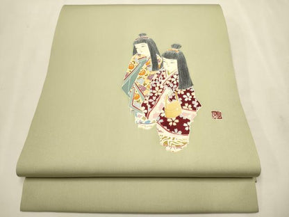 平和屋着物●塩瀬　九寸開き名古屋帯　作家物　手描き　人物文　金彩　正絹　逸品　CAAT0946hy