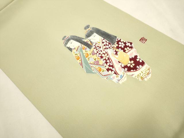 平和屋着物●塩瀬　九寸開き名古屋帯　作家物　手描き　人物文　金彩　正絹　逸品　CAAT0946hy
