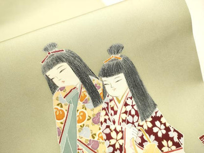 平和屋着物●塩瀬　九寸開き名古屋帯　作家物　手描き　人物文　金彩　正絹　逸品　CAAT0946hy