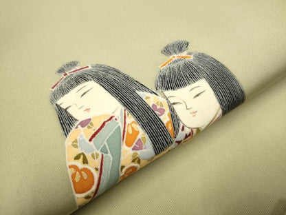 平和屋着物●塩瀬　九寸開き名古屋帯　作家物　手描き　人物文　金彩　正絹　逸品　CAAT0946hy