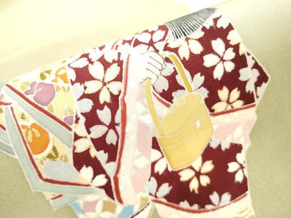 平和屋着物●塩瀬　九寸開き名古屋帯　作家物　手描き　人物文　金彩　正絹　逸品　CAAT0946hy