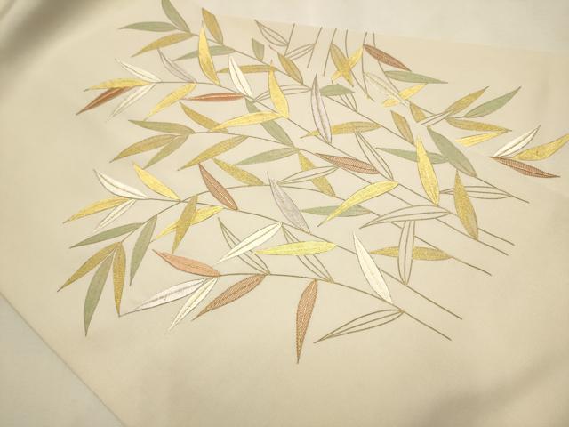 平和屋着物●塩瀬　九寸名古屋帯　刺繍　枝葉文　金彩　正絹　逸品　CAAT0950hy