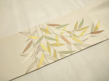 平和屋着物●塩瀬　九寸名古屋帯　刺繍　枝葉文　金彩　正絹　逸品　CAAT0950hy