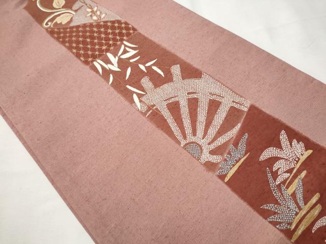 平和屋着物●太鼓柄袋帯 紬地 総刺繍 短冊吉祥文 金糸 正絹 逸品 CAAT1021hy
