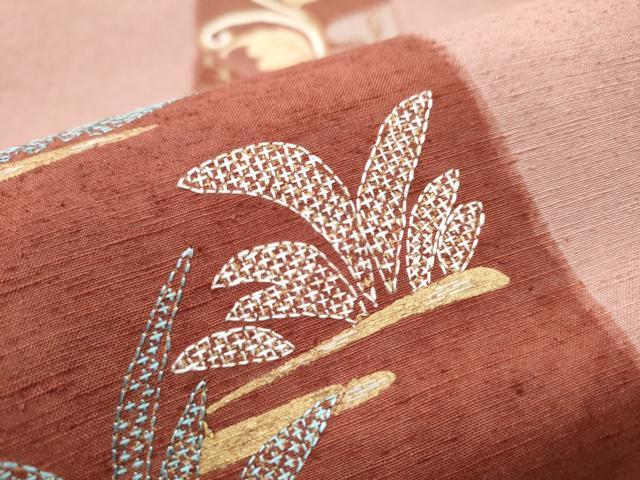 平和屋着物●太鼓柄袋帯 紬地 総刺繍 短冊吉祥文 金糸 正絹 逸品 CAAT1021hy
