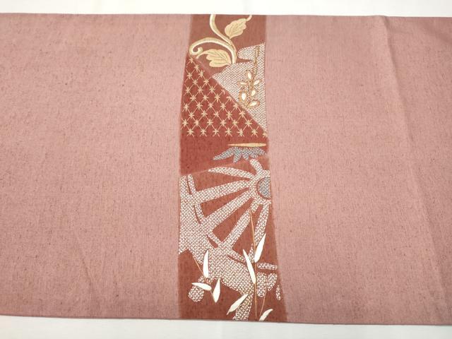 平和屋着物●太鼓柄袋帯 紬地 総刺繍 短冊吉祥文 金糸 正絹 逸品 CAAT1021hy