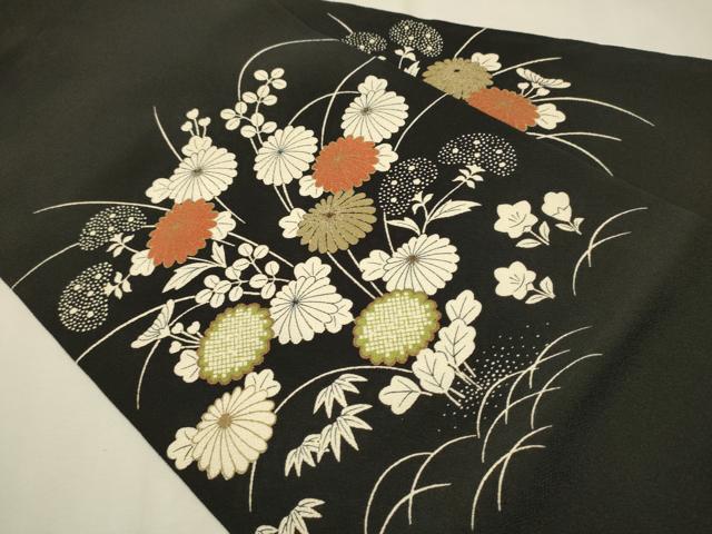 平和屋着物●九寸名古屋帯　草花文　黒地　金彩　鬼しぼ縮緬　正絹　逸品　CAAT1050hy