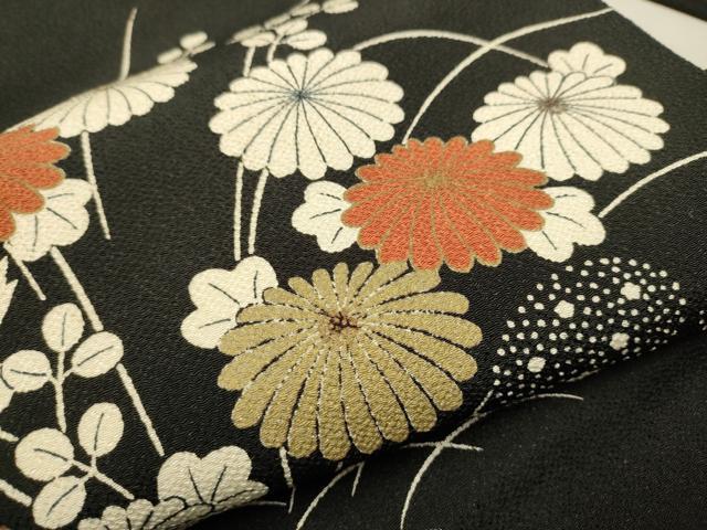 平和屋着物●九寸名古屋帯　草花文　黒地　金彩　鬼しぼ縮緬　正絹　逸品　CAAT1050hy