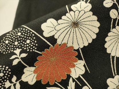 平和屋着物●九寸名古屋帯　草花文　黒地　金彩　鬼しぼ縮緬　正絹　逸品　CAAT1050hy