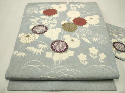 平和屋着物●九寸名古屋帯　草花文　金彩　鬼しぼ縮緬　正絹　逸品　CAAT1051hy