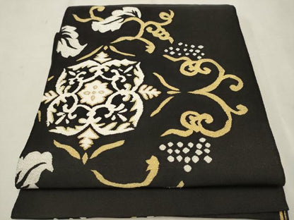平和屋着物●爪掻き本綴れ　八寸名古屋帯　花唐草文　黒地　金銀糸　正絹　逸品　CAAT1053hy