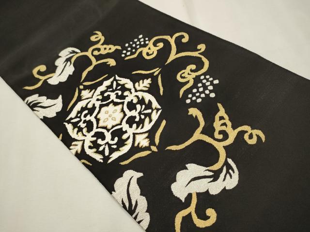 平和屋着物●爪掻き本綴れ　八寸名古屋帯　花唐草文　黒地　金銀糸　正絹　逸品　CAAT1053hy