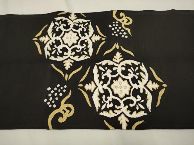 平和屋着物●爪掻き本綴れ　八寸名古屋帯　花唐草文　黒地　金銀糸　正絹　逸品　CAAT1053hy