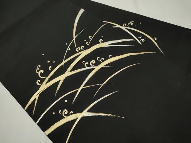 平和屋着物●塩瀬　九寸名古屋帯　作家物　駒刺繍　露芝文　黒地　金彩　正絹　逸品　CAAT1168hy