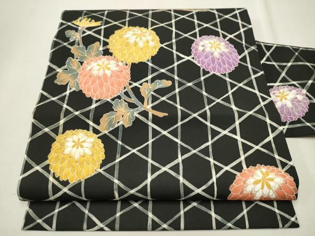 平和屋着物●塩瀬　九寸名古屋帯　菊　黒地　金彩　正絹　逸品　CAAT1176hy