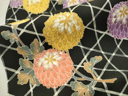 平和屋着物●塩瀬　九寸名古屋帯　菊　黒地　金彩　正絹　逸品　CAAT1176hy