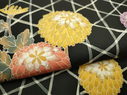 平和屋着物●塩瀬　九寸名古屋帯　菊　黒地　金彩　正絹　逸品　CAAT1176hy