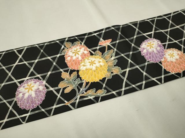 平和屋着物●塩瀬　九寸名古屋帯　菊　黒地　金彩　正絹　逸品　CAAT1176hy