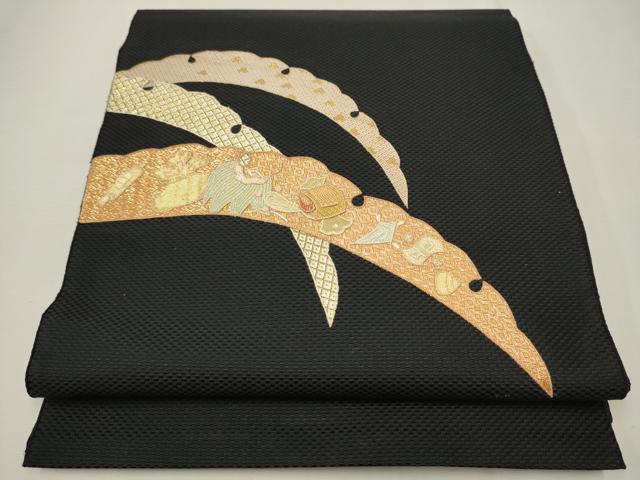 平和屋着物●八寸名古屋帯　佐賀錦　総刺繍　雪芝宝尽くし文　黒地　金銀糸　正絹　逸品　CAAT1177hy