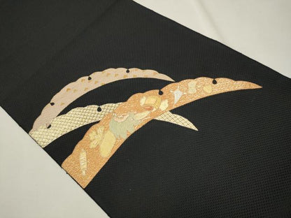 平和屋着物●八寸名古屋帯　佐賀錦　総刺繍　雪芝宝尽くし文　黒地　金銀糸　正絹　逸品　CAAT1177hy