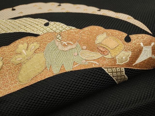 平和屋着物●八寸名古屋帯　佐賀錦　総刺繍　雪芝宝尽くし文　黒地　金銀糸　正絹　逸品　CAAT1177hy