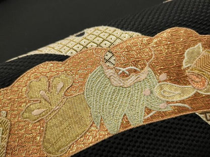 平和屋着物●八寸名古屋帯　佐賀錦　総刺繍　雪芝宝尽くし文　黒地　金銀糸　正絹　逸品　CAAT1177hy