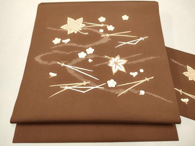 平和屋着物●銀座きしや　塩瀬　九寸名古屋帯　駒刺繍　吹き寄せ舞梅文　金彩　正絹　逸品　CAAT1182hy