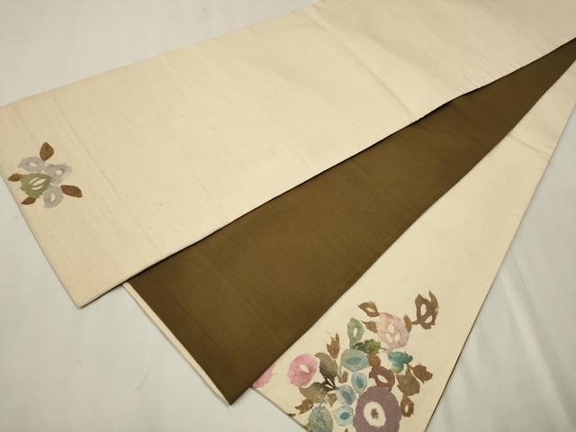 平和屋着物●太鼓柄袋帯 紬地 和紙 草花文 金彩 正絹 逸品 CAAT1186hy