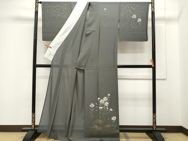 平和屋着物＊夏物 訪問着 絽 草花文 藍墨茶色 正絹 逸品 未使用 CAAT1374ev