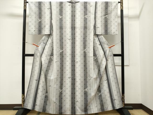平和屋着物▽小紋 単衣 絽合わせ 絽×絽 縞 飛鶴花文 洗える着物 CAAT1914ev