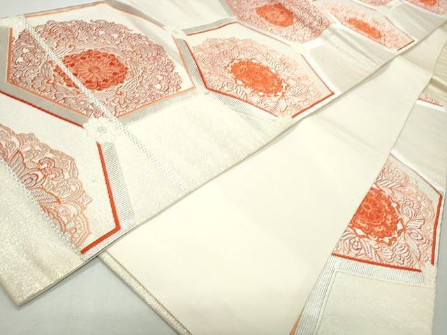 平和屋着物◎六通柄袋帯 唐織 更紗亀甲花文 銀糸 証紙付き 正絹 逸品 CAAT2095yk