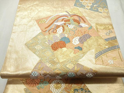 平和屋着物◎六通柄袋帯 唐織 色紙重ね鳳凰花唐草文 金糸 正絹 逸品 CAAT2100yk