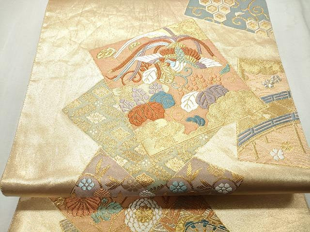 平和屋着物◎六通柄袋帯 唐織 色紙重ね鳳凰花唐草文 金糸 正絹 逸品 CAAT2100yk