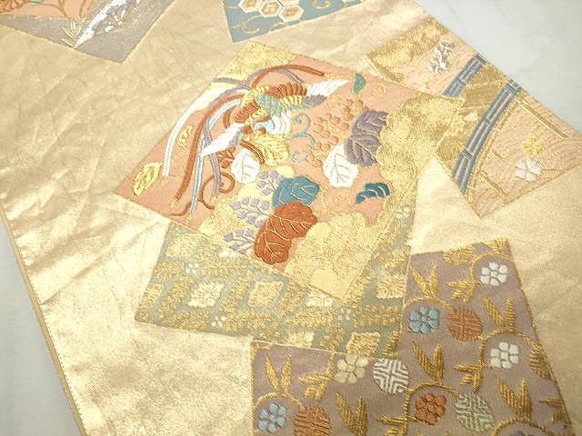 平和屋着物◎六通柄袋帯 唐織 色紙重ね鳳凰花唐草文 金糸 正絹 逸品 CAAT2100yk