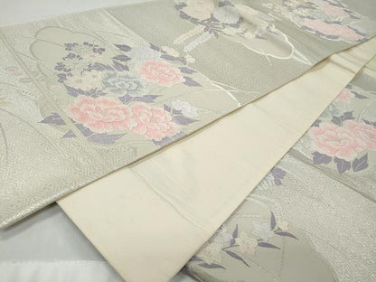 平和屋着物◎六通柄袋帯 唐織 枝花文 銀糸 正絹 逸品 CAAT2146yk