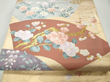 平和屋着物◎西陣 六通柄袋帯 唐織 扇面春木丈華文 金糸 証紙付き 正絹 逸品 CAAT2149yk