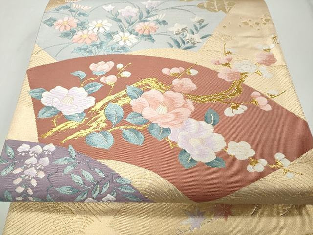 平和屋着物◎西陣 六通柄袋帯 唐織 扇面春木丈華文 金糸 証紙付き 正絹 逸品 CAAT2149yk