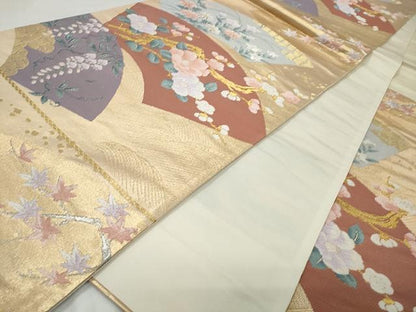 平和屋着物◎西陣 六通柄袋帯 唐織 扇面春木丈華文 金糸 証紙付き 正絹 逸品 CAAT2149yk