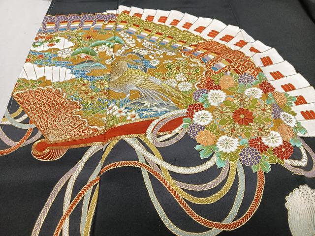 平和屋着物□豪華黒留袖 駒刺繍 檜扇花鳥文 金彩 正絹 逸品