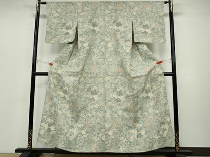 平和屋着物▽生紬 単衣 草花尽くし 正絹 逸品 CAAT4114ut