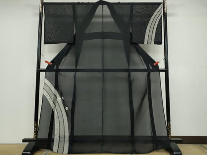 平和屋着物＊夏物 訪問着 紗紬 うちわ花文 黒地 金彩 正絹 逸品 CAAT4299ut