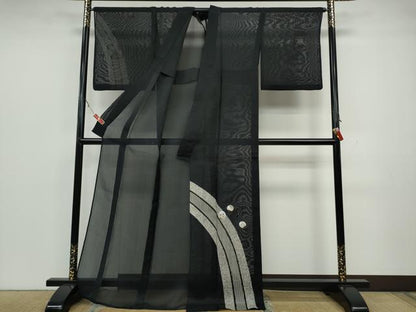 平和屋着物＊夏物 訪問着 紗紬 うちわ花文 黒地 金彩 正絹 逸品 CAAT4299ut