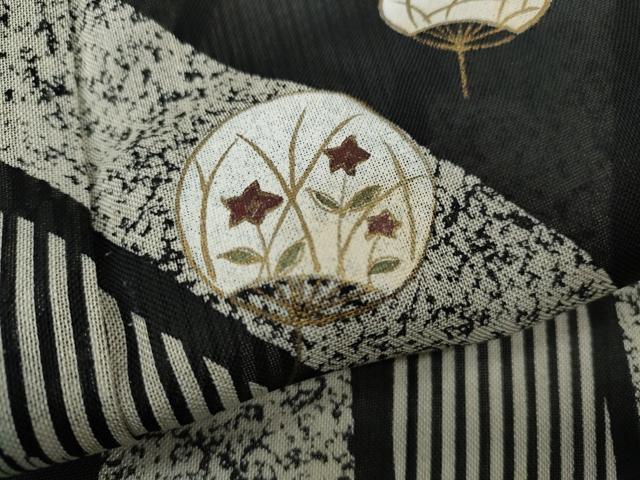 平和屋着物＊夏物 訪問着 紗紬 うちわ花文 黒地 金彩 正絹 逸品 CAAT4299ut
