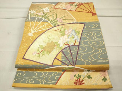平和屋着物◎六通柄袋帯 唐織 流水扇面草花文 金糸 正絹 逸品 CAAT4740in