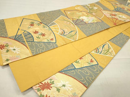 平和屋着物◎六通柄袋帯 唐織 流水扇面草花文 金糸 正絹 逸品 CAAT4740in