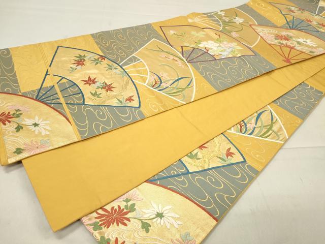 平和屋着物◎六通柄袋帯 唐織 流水扇面草花文 金糸 正絹 逸品 CAAT4740in