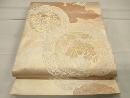 平和屋着物◎六通柄袋帯 雲取り絵皿花文 金糸 正絹 逸品 CAAT4751in