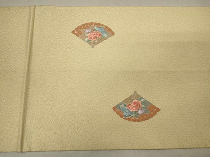 平和屋着物◎太鼓柄袋帯 刺繍 扇面草花文 金糸 正絹 逸品 CAAT4765in